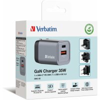 Verbatim GaN Charger 35 W, 2 Ports USB-C Ladegerät, Power Adapter mit USB-C und USB-A, Schnellladegerät als Mehrfachstecker