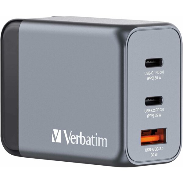 Verbatim GaN Charger 65 W, 3 Ports USB-C Ladegerät, Power Adapter mit 2 x USB-C und 1 x USB-A, Schnellladegerät als Mehrfachstecker