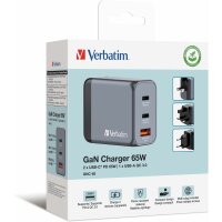 Verbatim GaN Charger 65 W, 3 Ports USB-C Ladegerät, Power Adapter mit 2 x USB-C und 1 x USB-A, Schnellladegerät als Mehrfachstecker