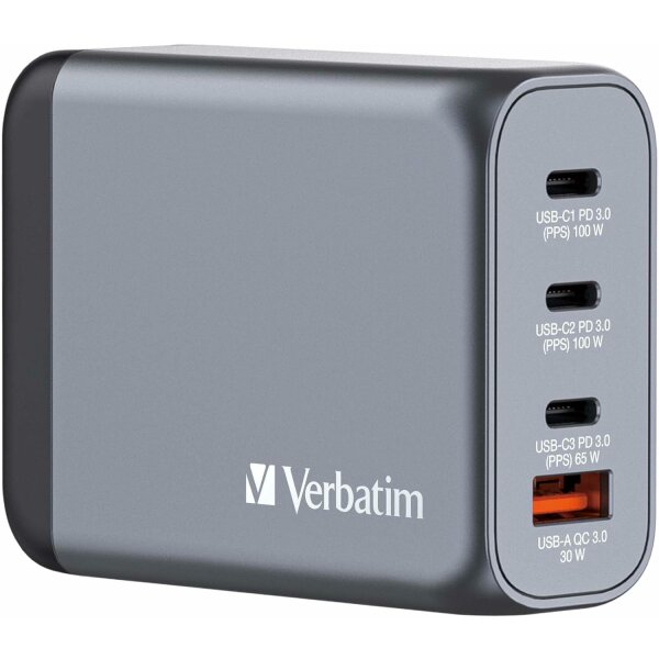 Verbatim GaN Charger 100 W, 4 Ports USB-C Ladegerät, Power Adapter mit 3 x USB-C und 1 x USB-A, Schnellladegerät als Mehrfachstecker