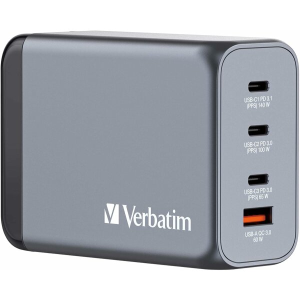 Verbatim GaN Charger 240 W, 4 Ports USB-C Ladegerät, Power Adapter mit 3 x USB-C und 1 x USB-A, Schnellladegerät als Mehrfachstecker