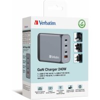 Verbatim GaN Charger 240 W, 4 Ports USB-C Ladegerät, Power Adapter mit 3 x USB-C und 1 x USB-A, Schnellladegerät als Mehrfachstecker