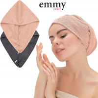 Emmy Home Haarturban, 100% Baumwolle 2 Stück Haartuch schnelltrocknend, Turban Handtuch mit Knopf, Handtuch für Kopf und Lange Haar, Turban Haartrockentuch (Rosa-Anthrazit)