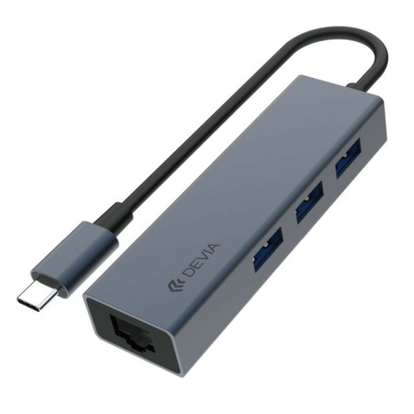 DEVIA USB TYP-C – USB 3.1 + RJ45 + 3XUSB 3.0 HUB/ADAPTER – DEVIA LEOPARD SERIES 5 IN 1 HUB – GRAU