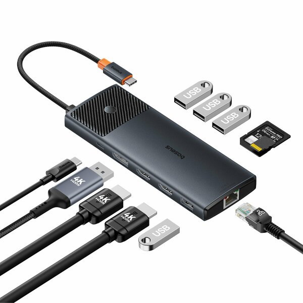 USB-HUB 11in1 Baseus Metal Gleam Series II USB-A/USB-C PD/HDMI/DP/RJ45/SD/TF – schwarz