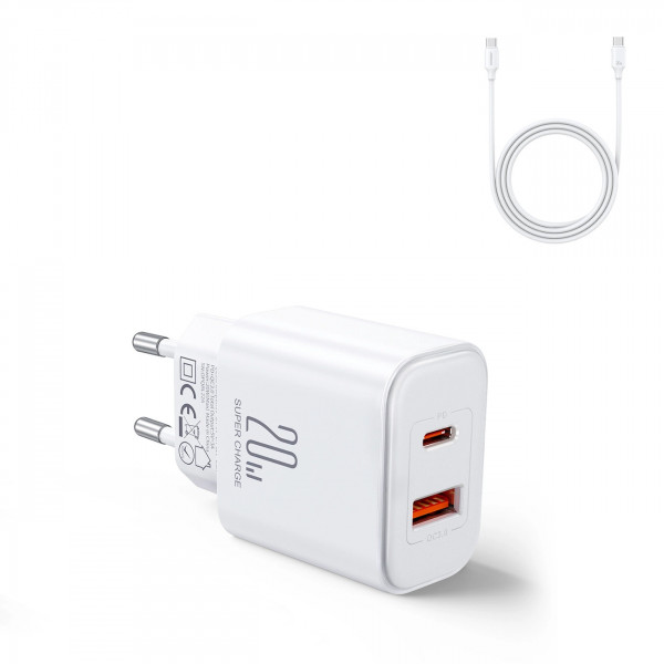 EU Joyroom JR-TCF05 20W USB-A USB-C-Ladegerät + USB-C-Kabel – Weiß