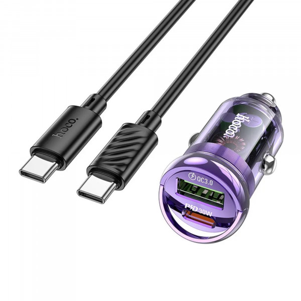 HOCO USB-Autoladegerät QC3.0 + Typ C + Kabel Typ C auf Typ C PD 30W Z53A lila