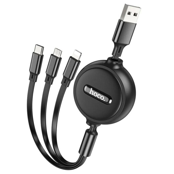 HOCO 3in1 USB-Kabel komaptibel mit iPhone + Micro-USB + USB-C in Schwarz