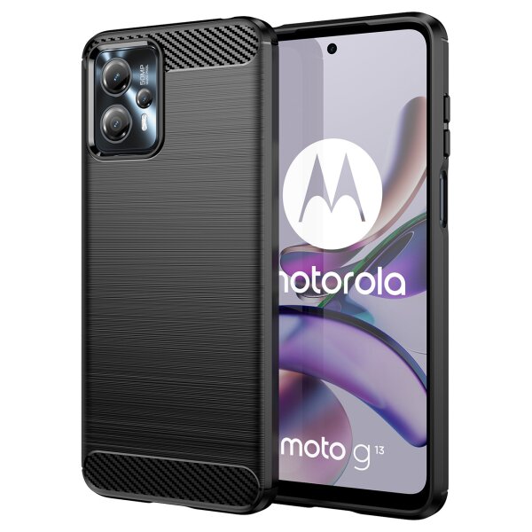 Carbon Case kompatibel mit Motorola Moto G14 flexible Silikon-Carbon-Hülle schwarz