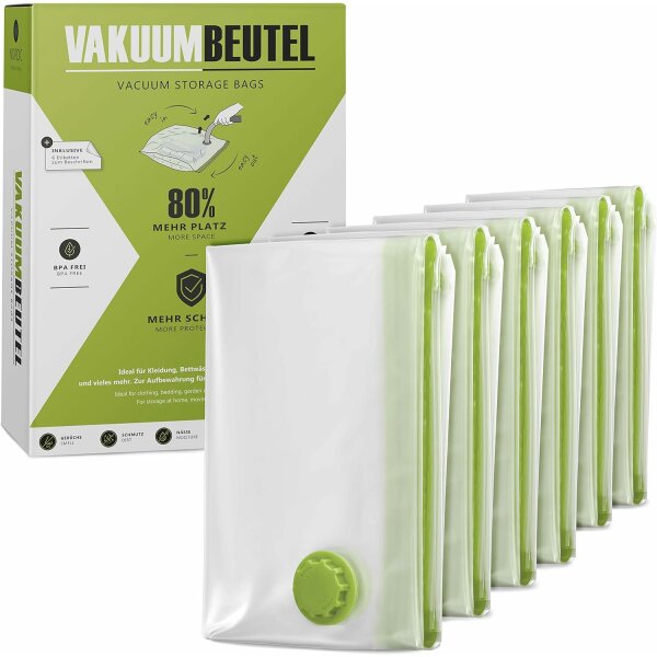 Vakuumbeutel 6x Größe L (80x60cm) -  INKL. ETIKETTEN - Vakuumbeutel für Kleidung, Kissen, Handtücher etc. - Vakuumierbeutel Bettdecken - Vacuum Storage Bags - Aufbewahrung Vakuum