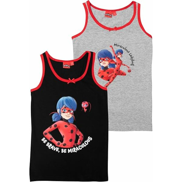 United Labels Miraculous Unterhemd für Mädchen - Ladybug Kinder Tank Top Hemdchen Unterwäsche Schwarz/Grau (2er Pack)