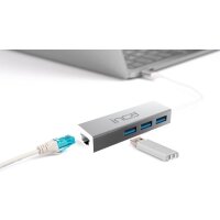 INCA USB-Hub X4 USB 3.0 + Ethernet RJ45 USB-Multiport USB-Adapter Silber