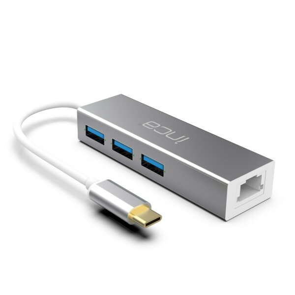 INCA USB-C HUB Type-C-Hub X4: USB 3.0, Ethernet RJ45 Multiplexer mit Strom- und Spannungsschutz Silber