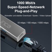 INCA USB-C HUB Type-C-Hub X4: USB 3.0, Ethernet RJ45 Multiplexer mit Strom- und Spannungsschutz Silber