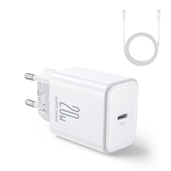 Joyroom JR-TCF06 USB-C PD 20W Wandladegerät + USB-C-Kabel – Weiß - Schnellladegerät