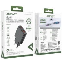 Acefast A69 Ladeadapter PD 30W GaN USB-A USB-C Wandladegerät – Schwarz