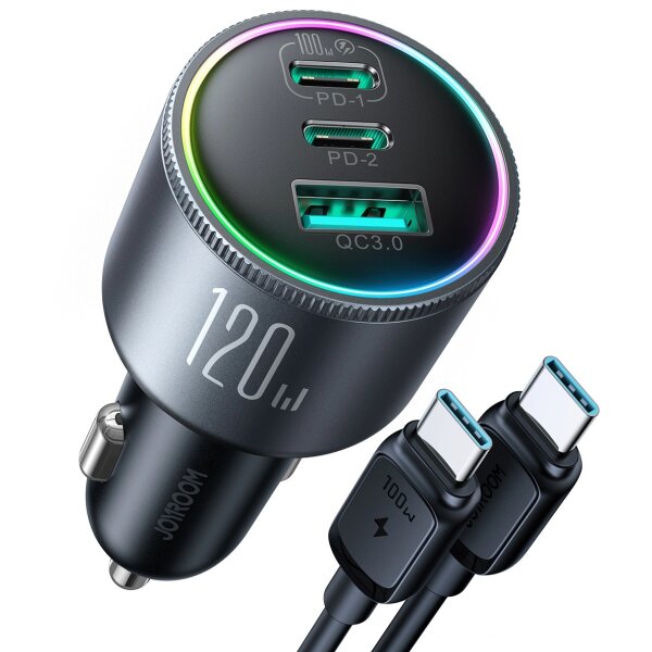 Zigarettenanzünder-Adapter Joyroom JR-CCN07 Autoladegerät 120 W 2xUSB-C USB-A + USB-C-Kabel 100 W – Dunkelgrau