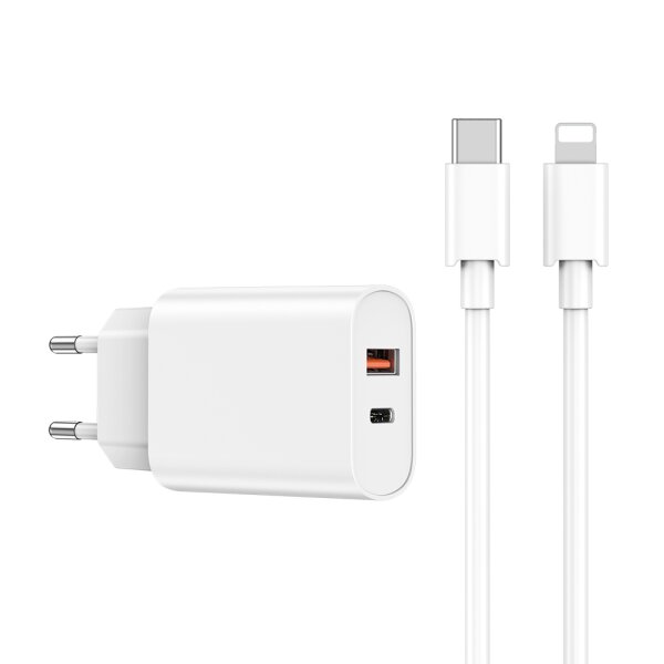 WIWU Wandladegerät Wi-U002 PD + QC 20W 1x USB 1x USB-C + Kabel USB-C - kompatibel mit iPhone