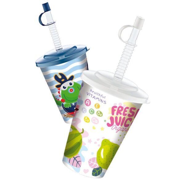 3er Set Trinkbecher mit Strohhalm 500ml - KIDS - wiederverwendbar