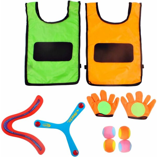 2er-Pack Selbstklebende Handschuhe, Zielweste und Wurfbälle mit Zwei Bumerang-Fliegeringen - Innen- und Außen -Spiel für Kinder und Erwachsene