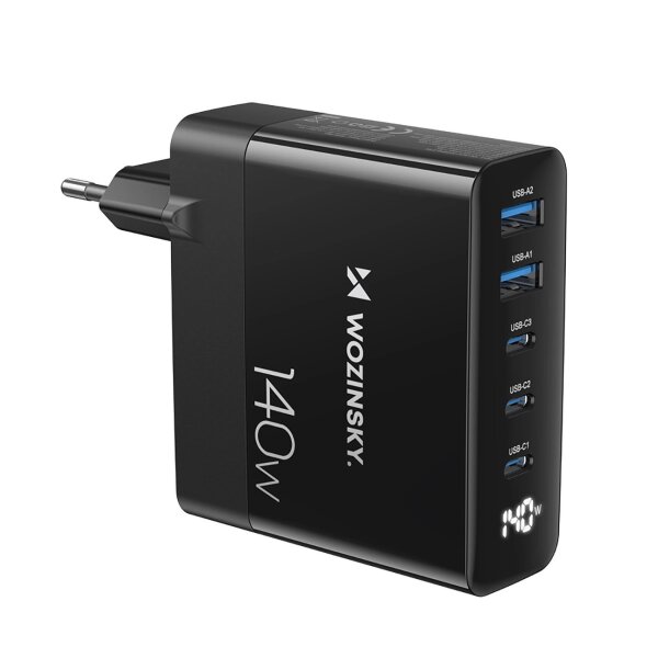 GaN-Wandladegerät 3 x USB-C / 2 x USB-A – Schwarz 140W Schnellladegerät