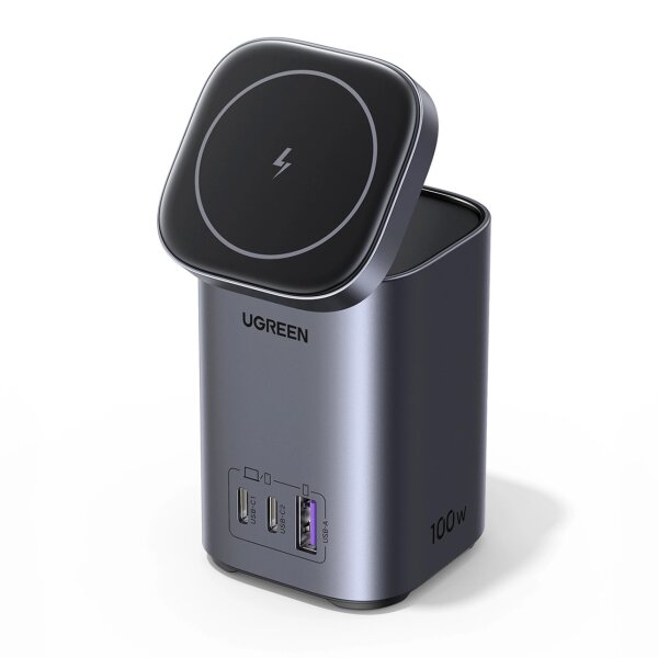 Ladestation magnetisch - 100W GaN-Ladestation 2x USB-C 1x USB-A mit Qi MagSafe induktives Laden – Grau