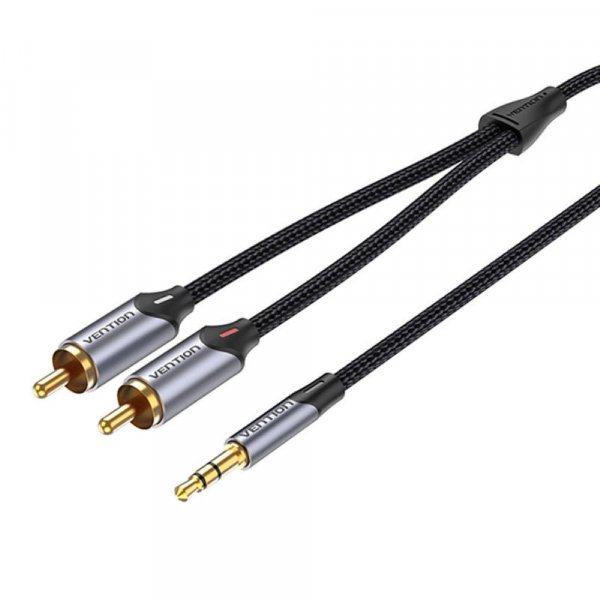 Audiokabel 3m (grau) - Kabel Audio 2xCinch auf 3,5mm mit einem  24 Karat vergoldeten Stecker