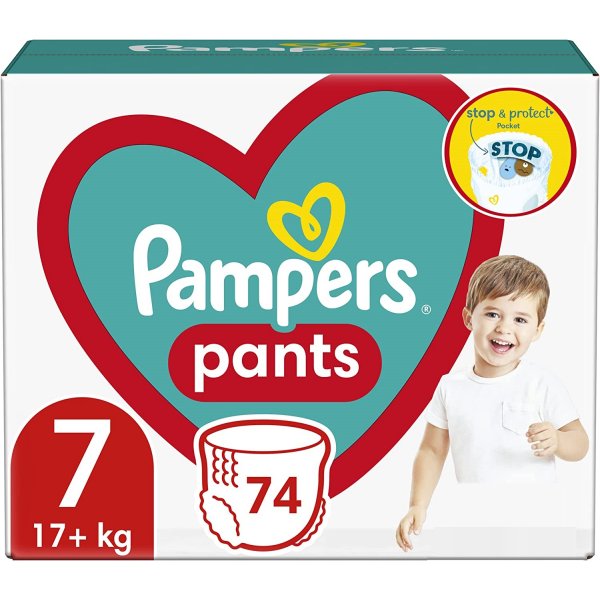 Pampers Pants Windelstiefel Größe 7, 74 Stück, 17kg+, mit Stop & Protect Anti-Leckfunktion hinten
