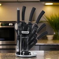 9 tlg Messerset Kochmesser Messerständer drehbar aus Edelstahl Set in Schwarz