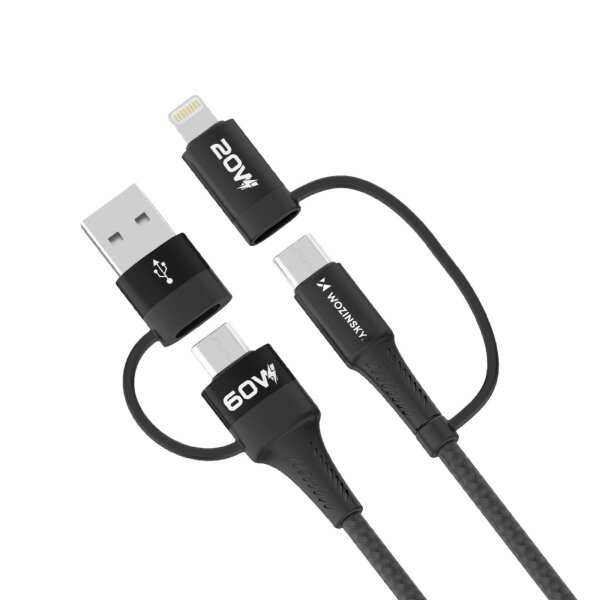 4in1 Ladekabel 2x USB Typ C, 1x USB Typ A, 1x iPhone-Anschluss 60W 1m in Schwarz