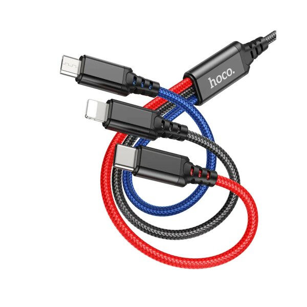 3in1 Kabel USB-A kompatibel mit iPhone/MicroUSB/Typ C 2A 1 m schwarz/rot/blau