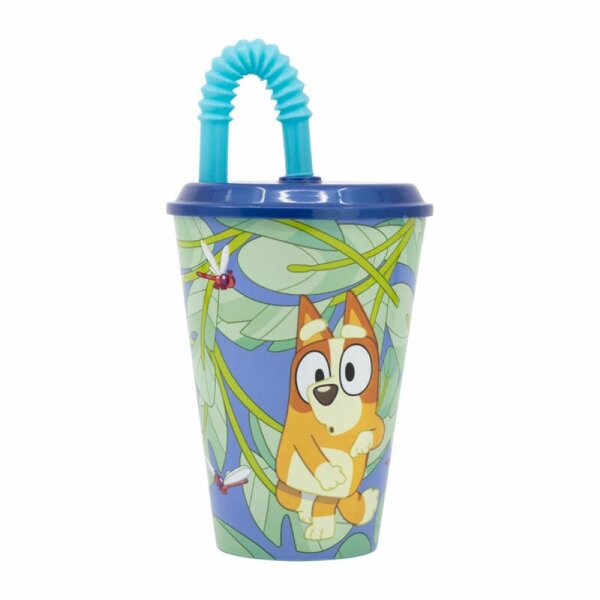 Niedlicher Wasserbecher für Kinder 430 ml - Wasserbecher Blau mit Strohhalm