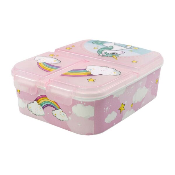 Brotdose mit 3 Fächer mit Einhorn und Regenbogen Lunchbox in Rosa für Kinder