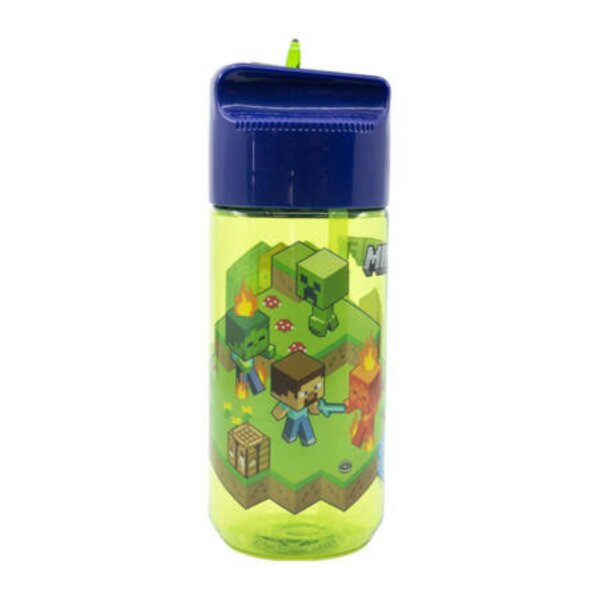 Wasserflasche mit Strohhalm für Kinder Trinkflasche Minecraft Grün-Blau 430ml