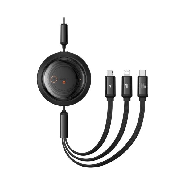 Einziehbarer Aufladekabel mit 3 unterschiedlichen Anschlüssen - kompatibel mit iPhone/USB-C/Micro-USB - 1,1 m