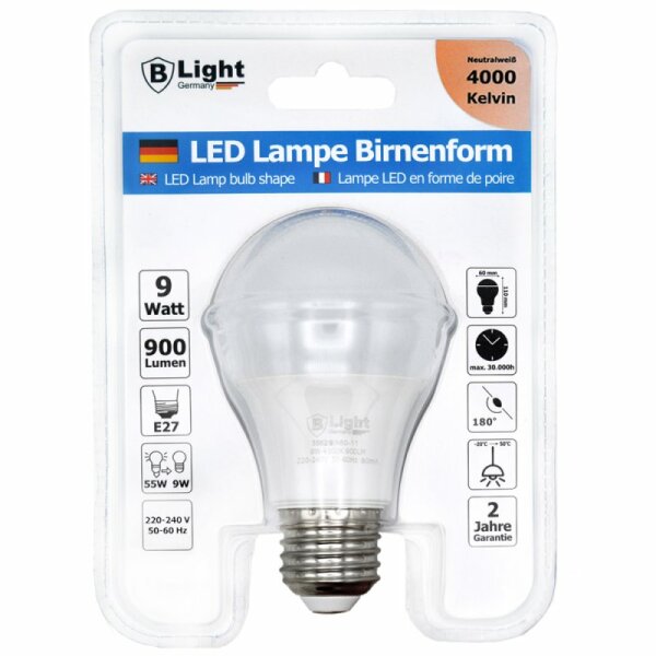 LED Lampe E-27 Birnenform 9 Watt - neutralweiß (4000 K)