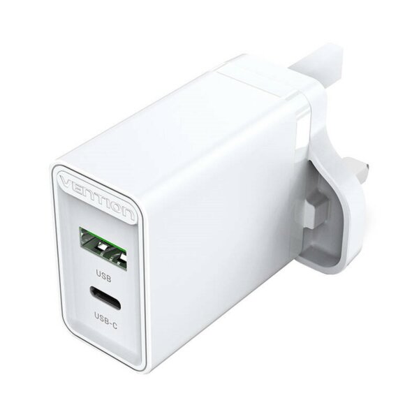 UK-Netzladegerät mit 2 Anschlüssen USB-A und USB-C (18W/20W) Schnellladegerät