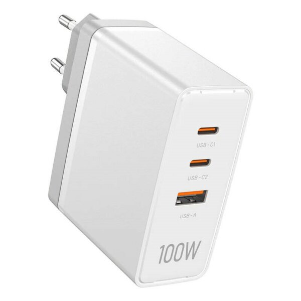 Wandladegerät 100W mit 3 Anschlüssen 2x USB-C, USB-A GaN-Schnellladegerät Weiß