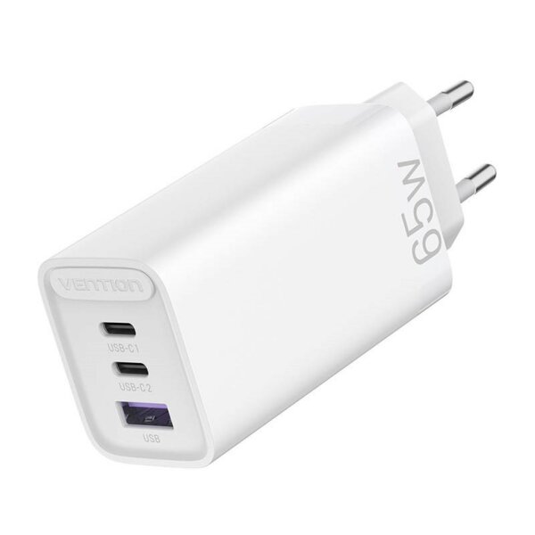 Wandladegerät GaN-Schnellladegerät mit 3 Anschlüssen 2x USB-C, 1x USB-A in Weiß