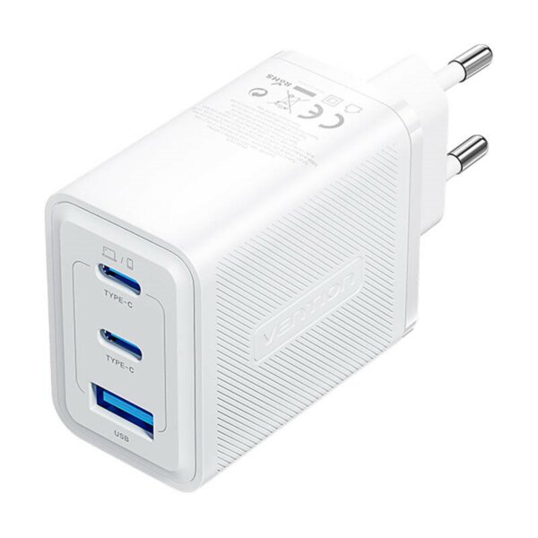 GaN Ladegerät mit 3 Anschlüssen 2x USB-C,  1x USB-A 65W Schnellladegerät in Weiß