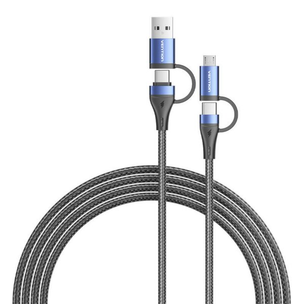 4 in 1 Ladekabel USB 2.0 Kabel mit 3 Anschlüssen (2x USB-C, micro-USB, USB-A)  in Schwarz 1m