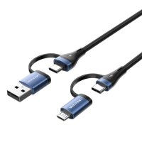 4 in 1 Ladekabel USB 2.0 Kabel mit 3 Anschlüssen (2x USB-C, micro-USB, USB-A)  in Schwarz 1m