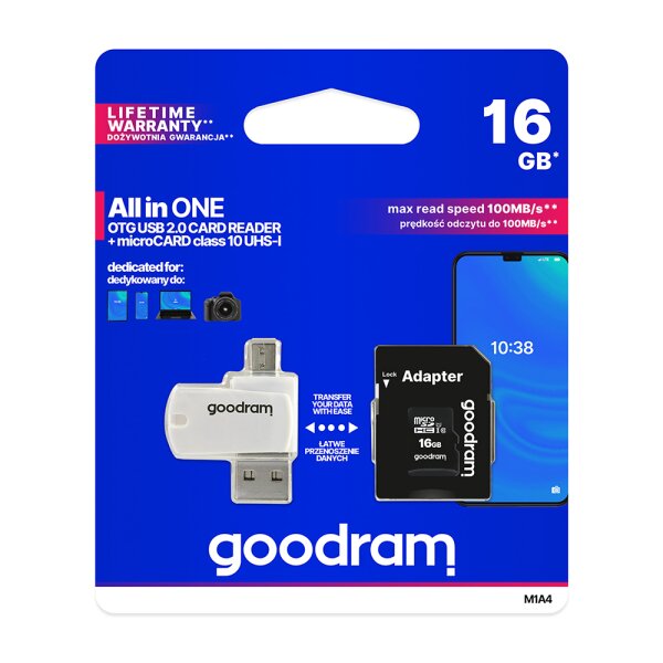 GoodRam memory card 16GB Speicherkarte ALL in ONE microSDHC cl. 10 UHS-I + adapter + USB 2.0