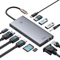 HUB Baseus PortalJoy Series 13in1 USB-C – 2x HDMI / DP / VGA / USB-A 3.1 / USB-C 3.1 / USB-A 2.0 / PD / RJ45 / SD / TF / AUX – grau