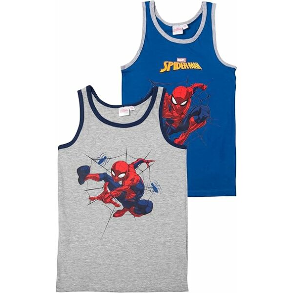 Marvel Spiderman Unterhemd für Jungen - Kinder Tank Top Hemdchen Unterwäsche Grau/Blau (2er Pack)