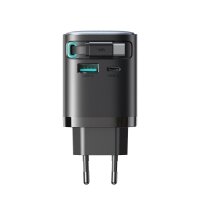 Ladegerät mit einer Leistung von bis zu 65 W mit USB-A- und USB-C-Anschlüssen und einem integrierten USB-C-Kabel – Schwarz