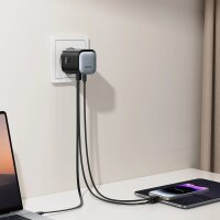 Ladegerät mit einer Leistung von bis zu 65 W mit USB-A- und USB-C-Anschlüssen und einem integrierten USB-C-Kabel – Schwarz