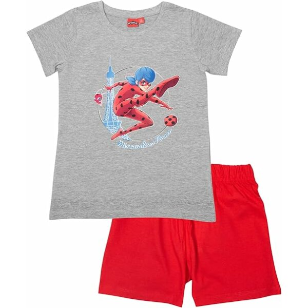 United Labels Miraculous Schlafanzug für Mädchen - Ladybug Kinder Pyjama Set Kurzarm Oberteil mit Hose Grau/Rot