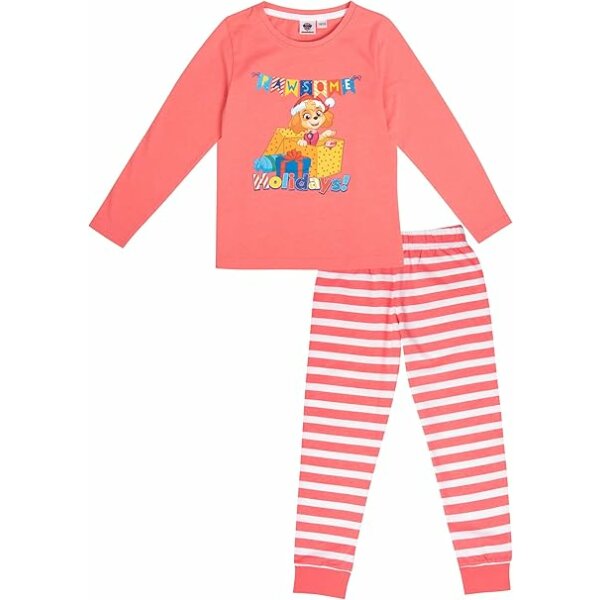 Paw Patrol Schlafanzug für Mädchen - Christmas Kinder Winter Pyjama Set Weihnachten Langarm mit Hose Coral/Weiß