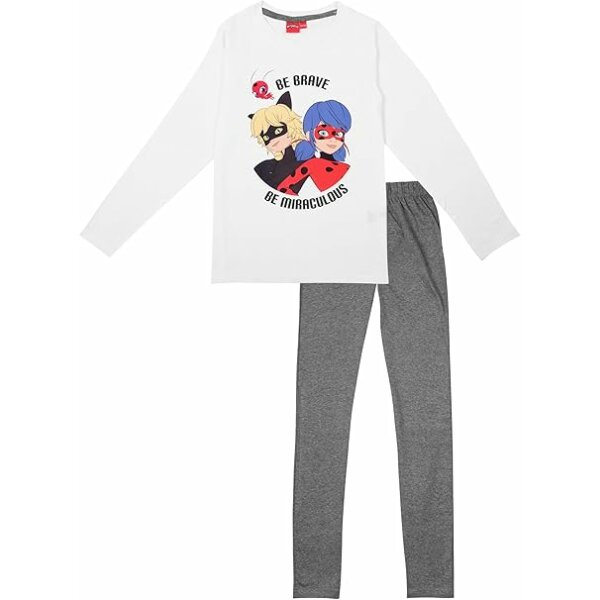 United Labels Miraculous Schlafanzug für Mädchen - Ladybug Kinder Pyjama Set Langarm Oberteil mit Hose Weiß/Grau